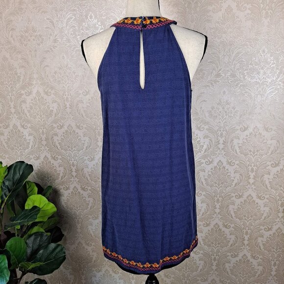 THML Size Medium Blue Cotton Halter Neck Shift Dress Embroidery Detail Boho - Picture 6 of 13